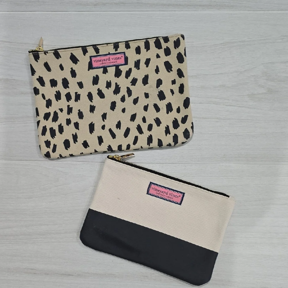 Vineyard Vines Leopard Print and Black Beige Cosmetic Bag Set 2 Set Pouches